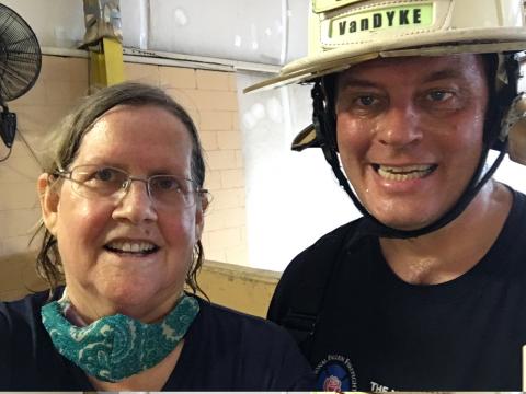 Chris and Myke looking like they have worked hard climbing stairs