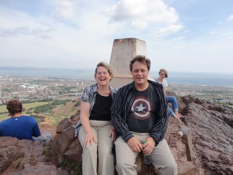 Chris and Myke looking windblown at the top of Arthur's Seat